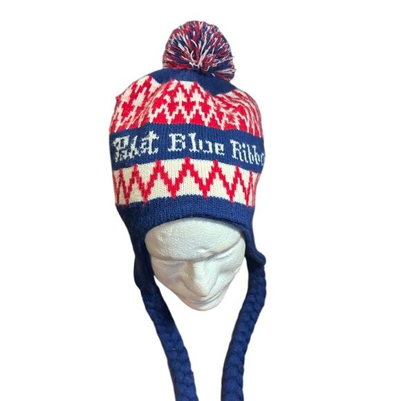 Pabst Blue Ribbon hat Pom beer PBR beanie earflaps w tassels red blue white - Picture 3 of 6